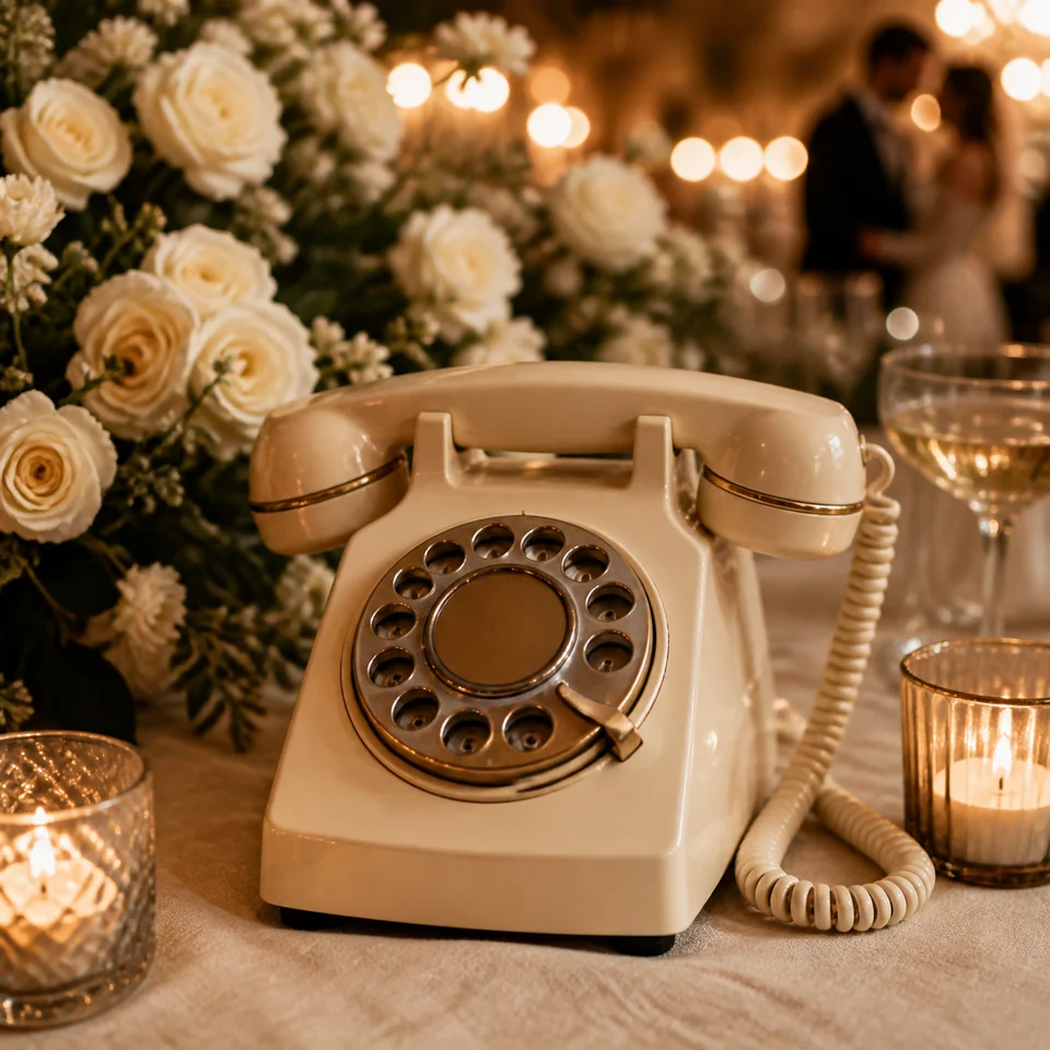 Çiçekler ve mumlarla hazırlanan krem renkli retro sesli anı telefonu
