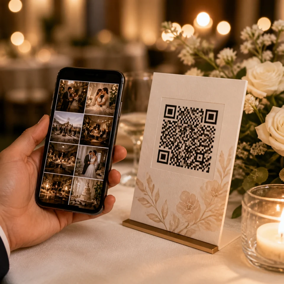 Düğün masasında QR kodlu dijital anı albümü kartı ve telefon